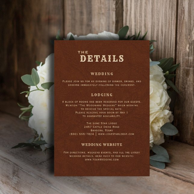 Country Terracotta Wedding Details Enclosure Card (country rustic cowboy wedding details card faux tooled leather terracotta rust western)