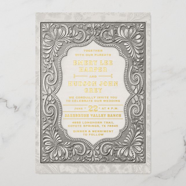 Country Tooled Leather Western Rugged Gold Wedding (Front)