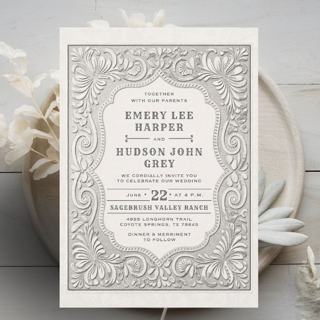 Country Tooled Leather Western Rustic Barn Wedding Invitation (cowboy wedding invitation tooled leather effect elegant country western barn backyard black white)