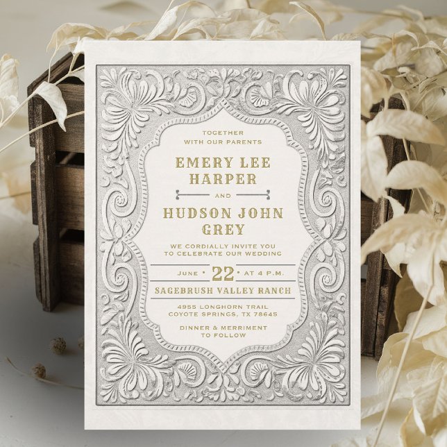 Country Tooled Leather Western Rustic Gold Wedding Invitation (cowboy wedding invitation white tooled leather effect elegant country western barn backyard)