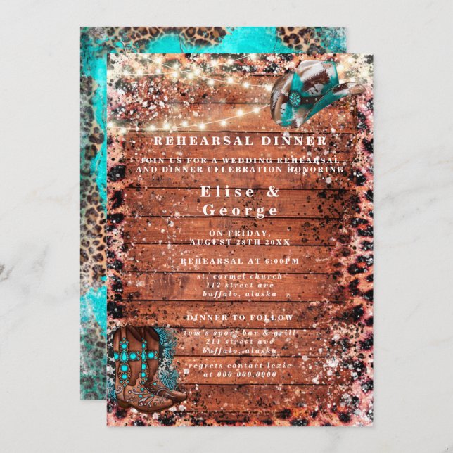 Country Turquoise Cowboy Boots Rehearsal Dinner Invitation (Front/Back)