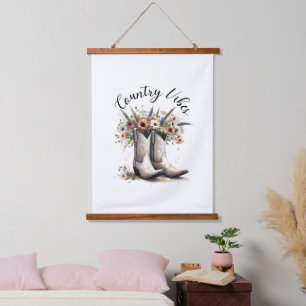 Country Vibes Western Boots and Flowers Watercolor Hanging Tapestry