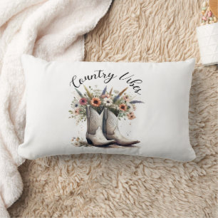 Country Vibes Western Boots and Flowers Watercolor Lumbar Cushion