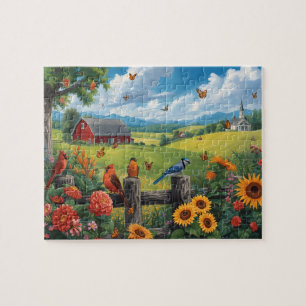 Country View Birds Sunflowers Red Barn Scene Jigsaw Puzzle