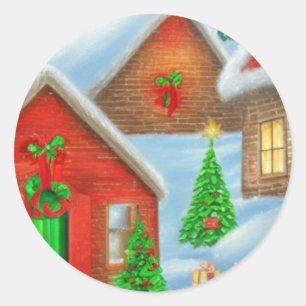 Country village at Christmas time, bright and cute Classic Round Sticker