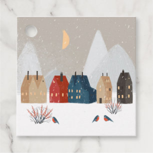 Country Village Winter Scene with Birds Favour Tags