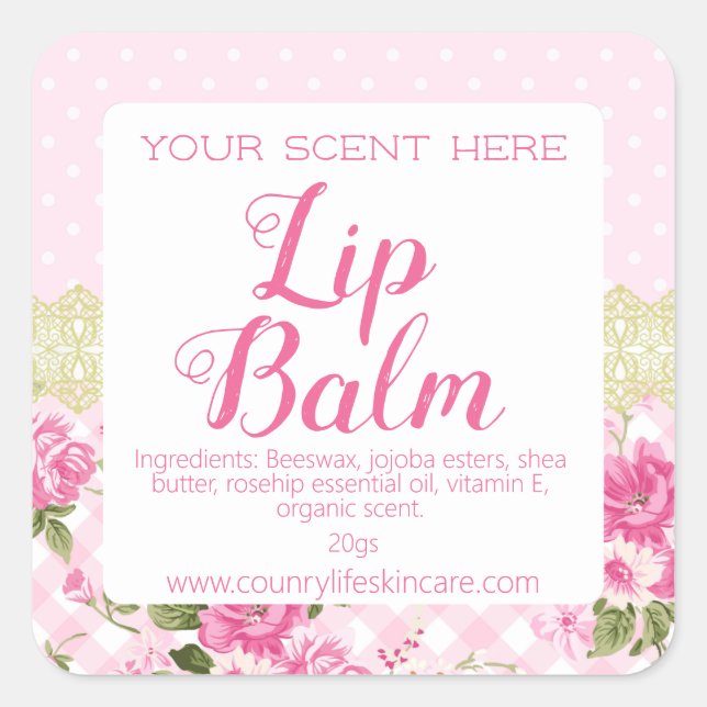 Country Vintage Pink Lip Balm Tube Labels (Front)