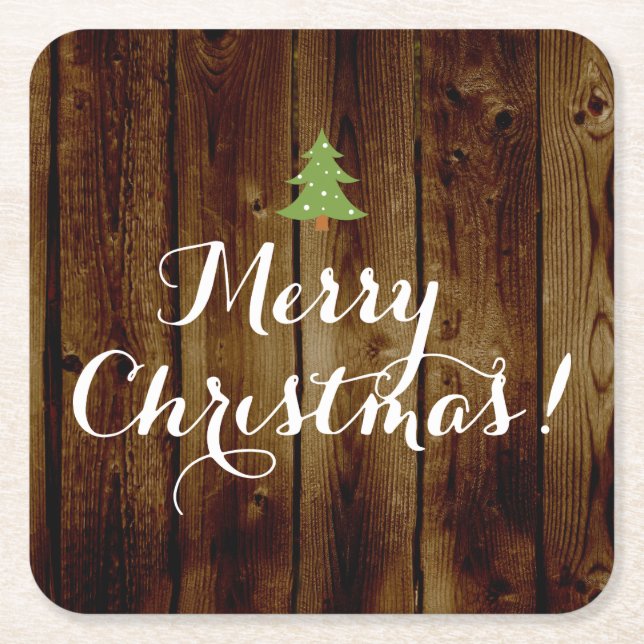 Country Vintage Wood Merry Christmas Square Paper Coaster (Front)