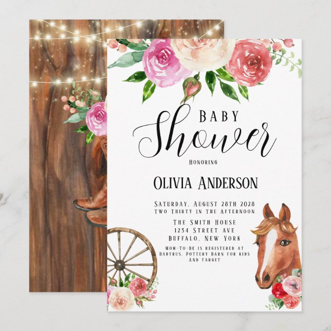 Country Wagon Wheel Horse and Florals Baby Shower  Invitation (Front/Back)