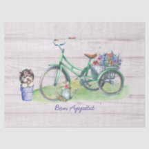 Country Watercolor Bicycle, Flowers & Cute Yorkie