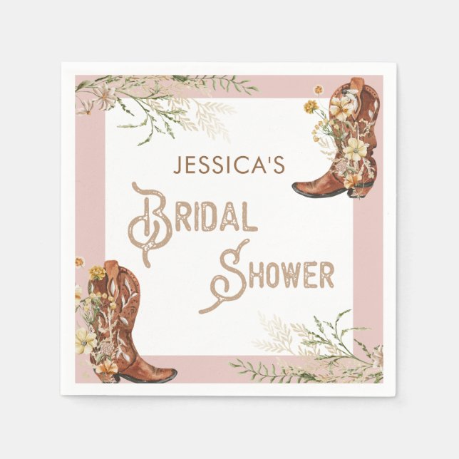 Country Watercolor Floral Boots Bridal Shower Napkin (Front)