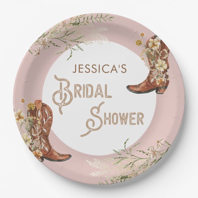 Country Watercolor Floral Boots Bridal Shower Paper Plate (Front)