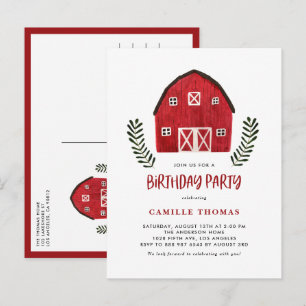 Country Watercolor Red Barn Farm Birthday Party Invitation Postcard
