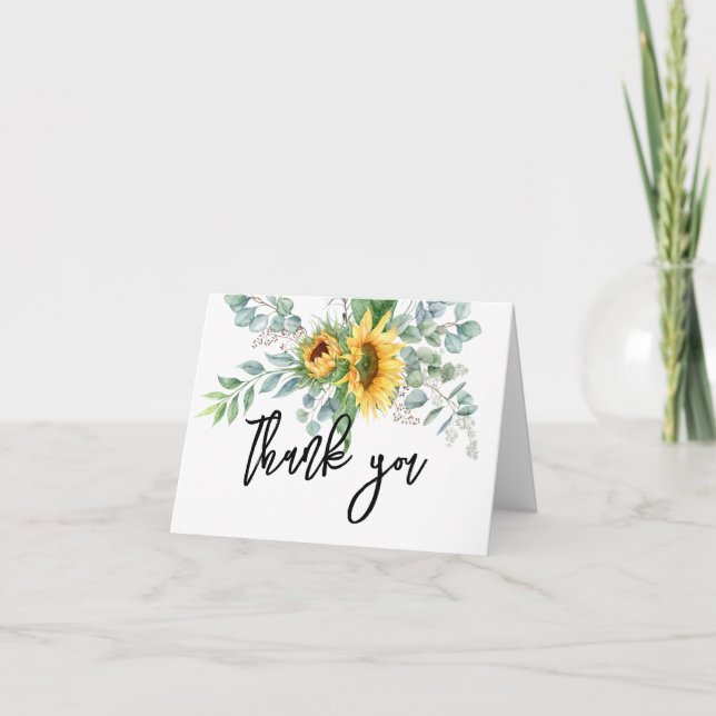 Country Watercolor Sunflower Eucalyptus Greenery Thank You Card (Front)