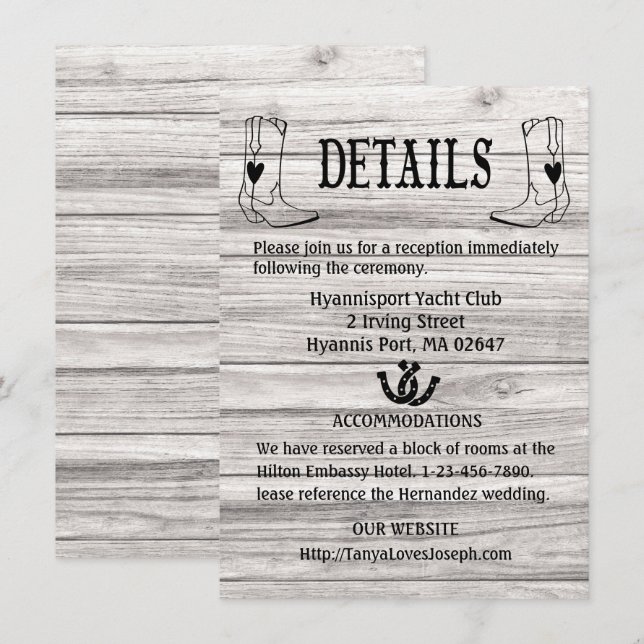 Country Wedding Details Wood Cowboy Boots Western Invitation (Front/Back)
