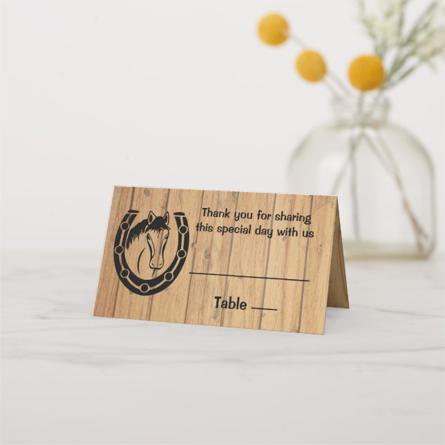 Country Wedding Horse Horseshoe Western Brown Wood Place Card (Front)