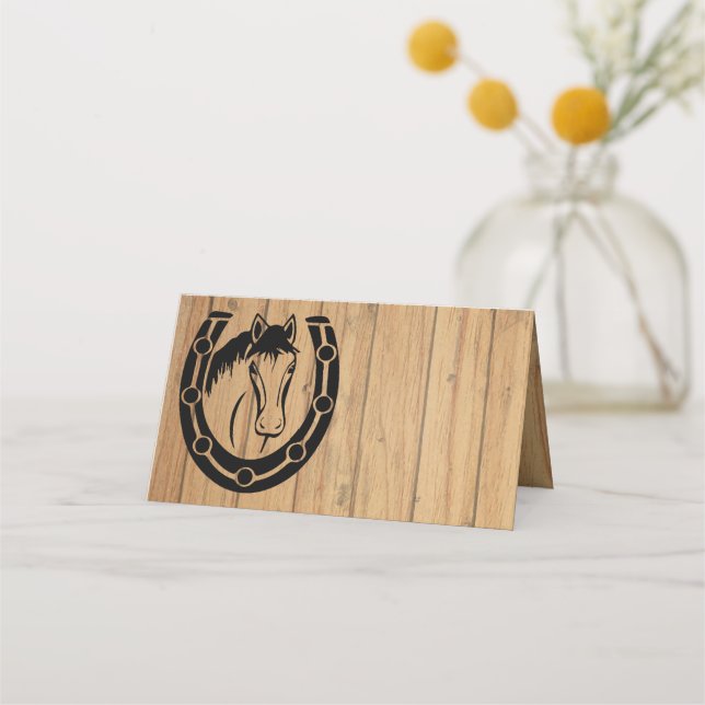 Country Wedding Horse Horseshoe Western Wood Place Card (Front)