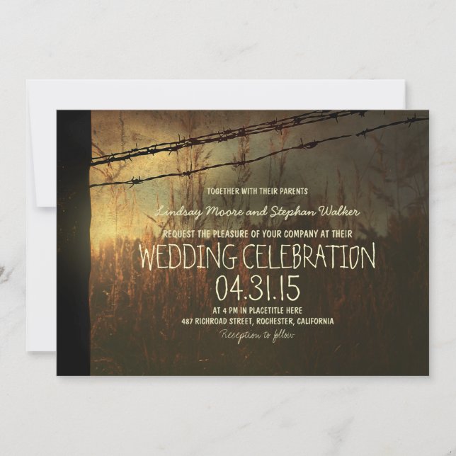 country wedding invitation with rural fence (Front)