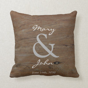 Country wedding rustic barn wood monogram names cushion