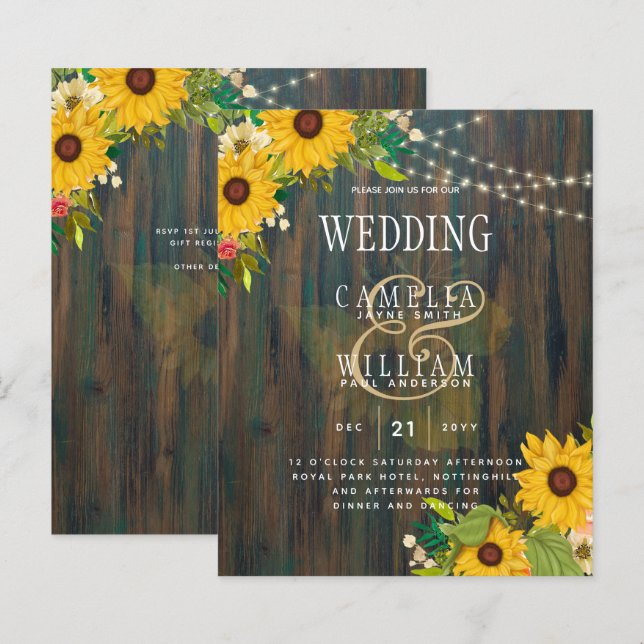 Country Wedding Rustic Wood Sunflowers Lights Inv (Front/Back)