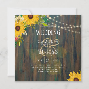 Country Wedding Rustic Wood Sunflowers Lights Inv