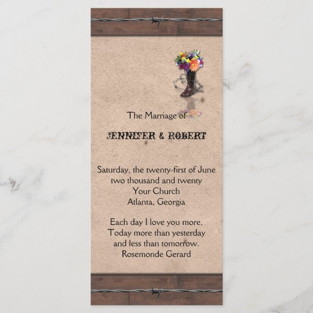 Country Western Barbed Wire Wedding Program Programme (Front)