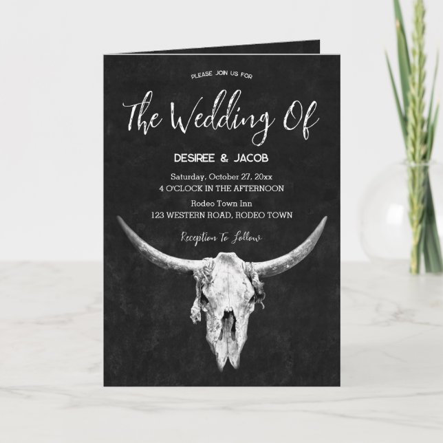 Country Western Black And White Bull Skull Invitation (Front)