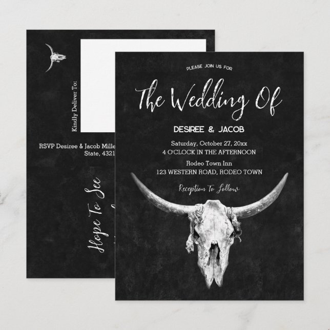 Country Western Black And White Bull Skull Invitation Postcard (Front/Back)