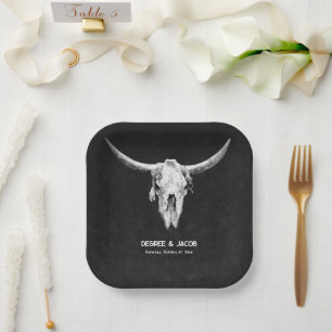 Country Western Black And White Bull Skull Paper Plate