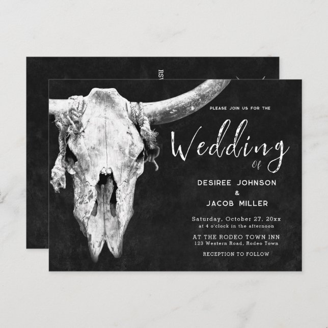 Country Western Black And White Rodeo Bull Skull  Invitation Postcard (Front/Back)