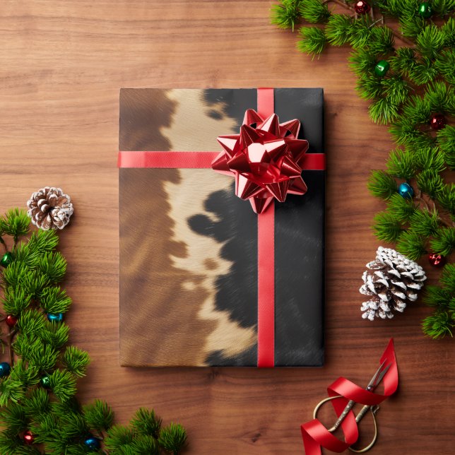 Country Western Black Brown Cream Cowhide  Wrapping Paper (Holiday Gift)
