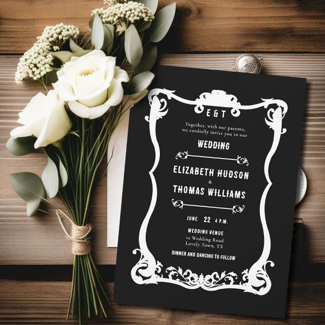 Country Western Black White Formal Elegant Wedding Invitation (country western black white wedding invitation vintage frame formal elegant modern ranch barn rustic)