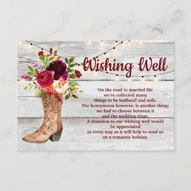 Country Western Boot Boho Rustic Wishing Well Enclosure Card (Front)