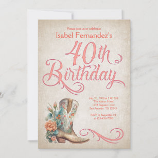 Country Western Boots 40th Birthday Invitation