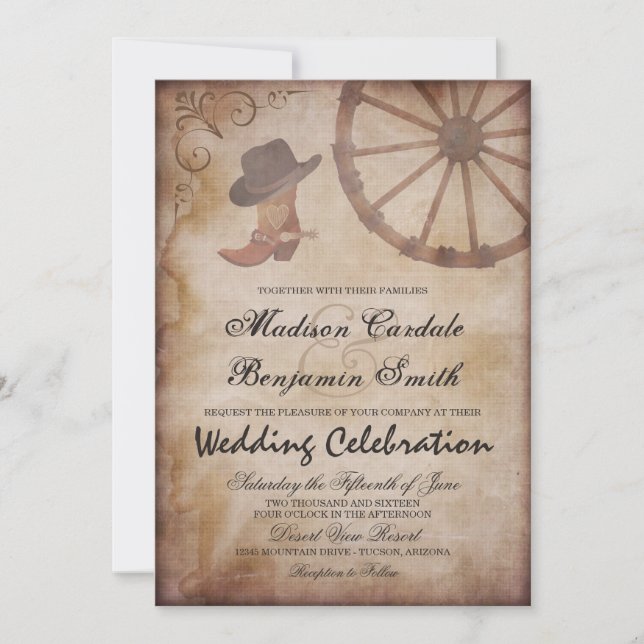 Country Western Boots Wagon Wheel Wedding Invite (Front)