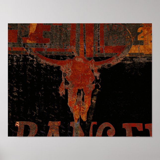 Country Western Bull Skull Rust Script Vintage Poster (Front)