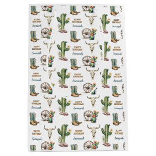Country Western Cactus Floral Name Happy Birthday Medium Gift Bag