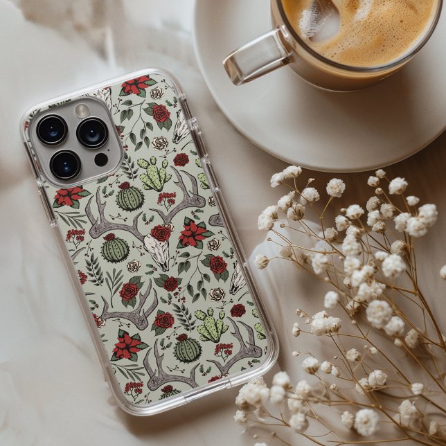 Country Western Christmas Floral Deer Head Skull Case-Mate iPhone Case (Chic Country Western Xmas Reindeer Head Skull, Red Roses, Poinsettias, Cacti, Festive Holly Berries.)