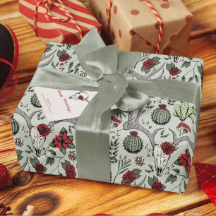 Country Western Christmas Floral Reindeer Skull Wrapping Paper