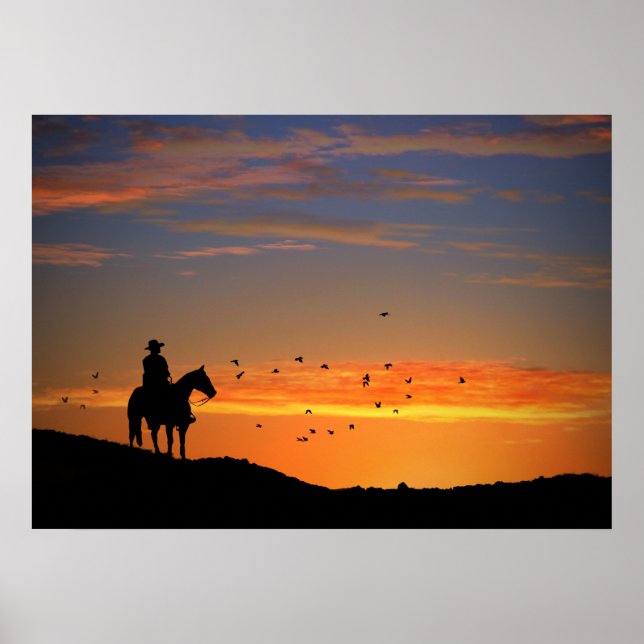 Country  Western Cowboy and Horse in Sunset  Poster (Front)