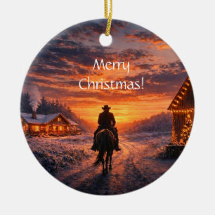 Country Western Cowboy Riding Barn Christmas Ceramic Tree Decoration