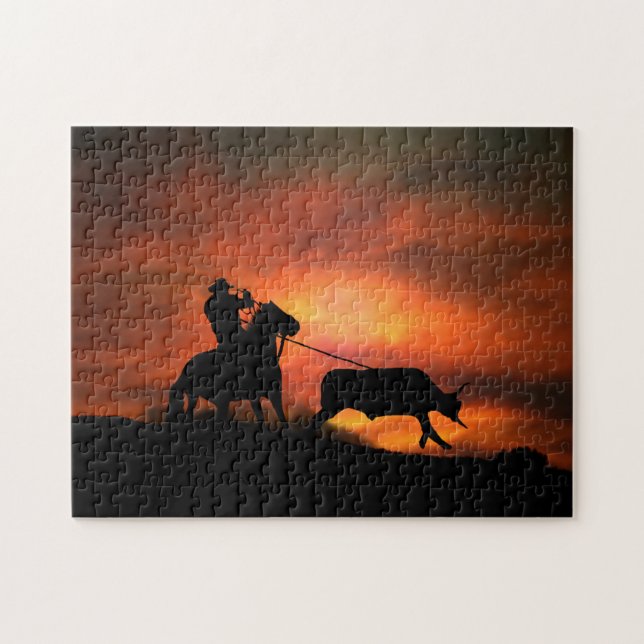 Country Western Cowboy Roping with Horse Jigsaw Puzzle (Horizontal)