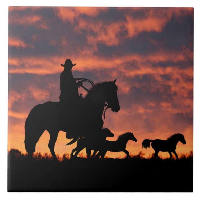 Country Western Cowboy Roundup Herd of Horses Tile (Front)
