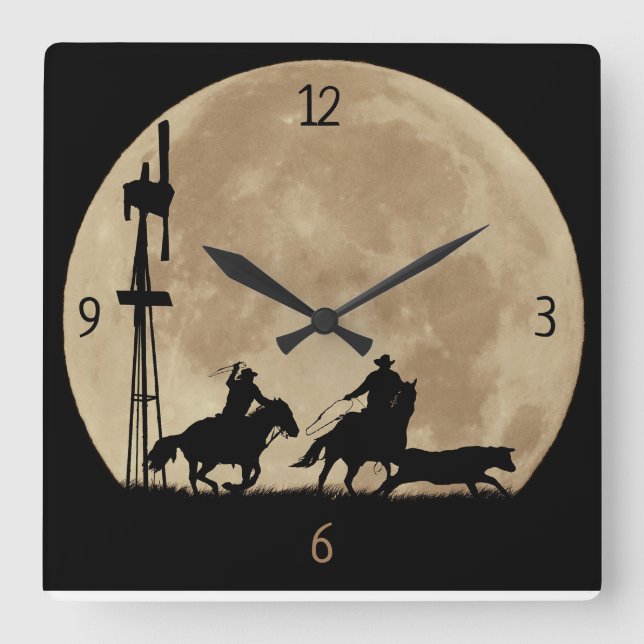 Country Western Cowboy Rustlers Moon Country West Square Wall Clock (Front)