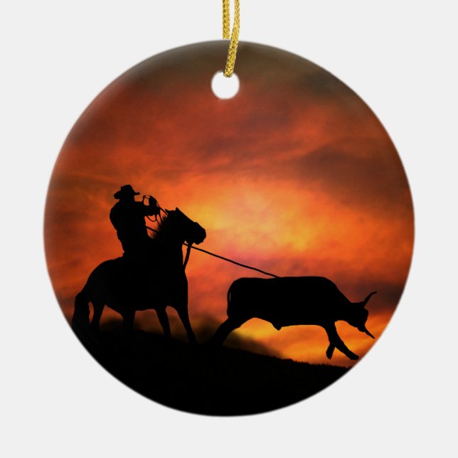 Country Western Cowboy Steer Roping Ceramic Tree Decoration (Front)