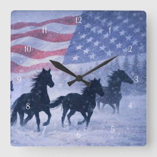 Country Western Cowboy Wild Horses Flag Square Wall Clock