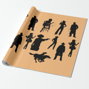 Country western cowboys cowgirls rodeo silhouettes wrapping paper