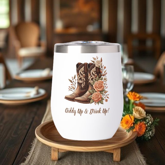 Country Western Cowgirl Boots with Flowers (Country Western-Flowers with Cowboy Boots-Wine or Cocktail tumblers)
