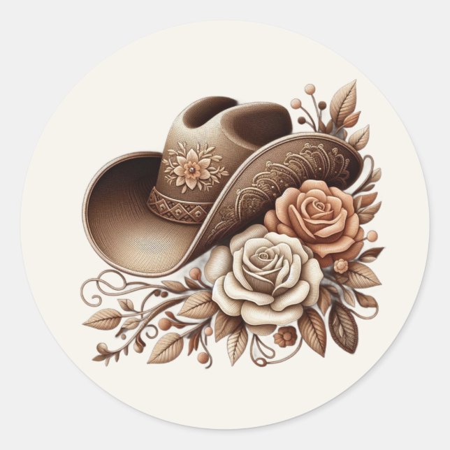 Country Western Cowgirl Hat with Flowers Classic Round Sticker (Front)