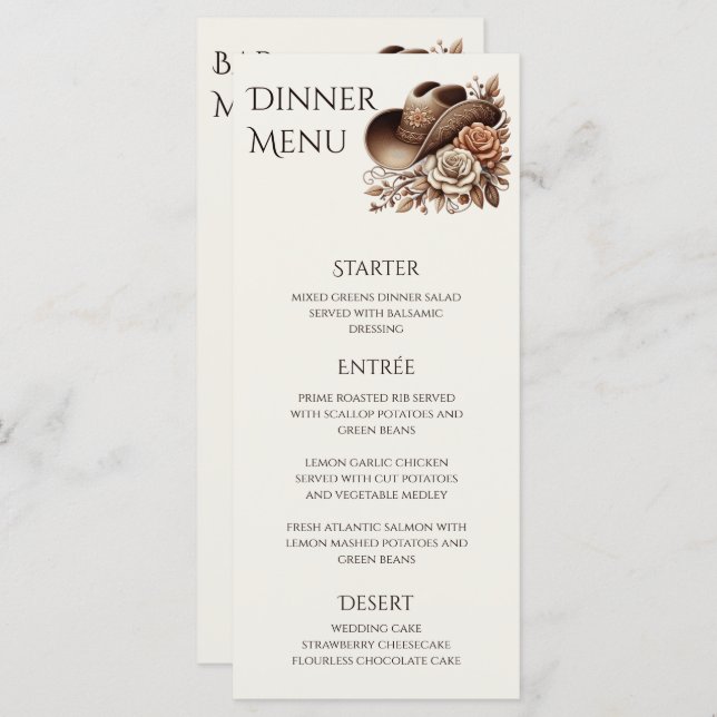 Country Western Cowgirl Hat with Flowers Menu (Front/Back)